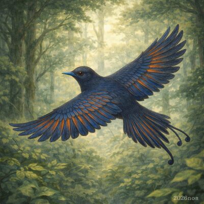 音色鳥が森の中を飛ぶ幻想的なシーン 音を食べる幻獣の姿