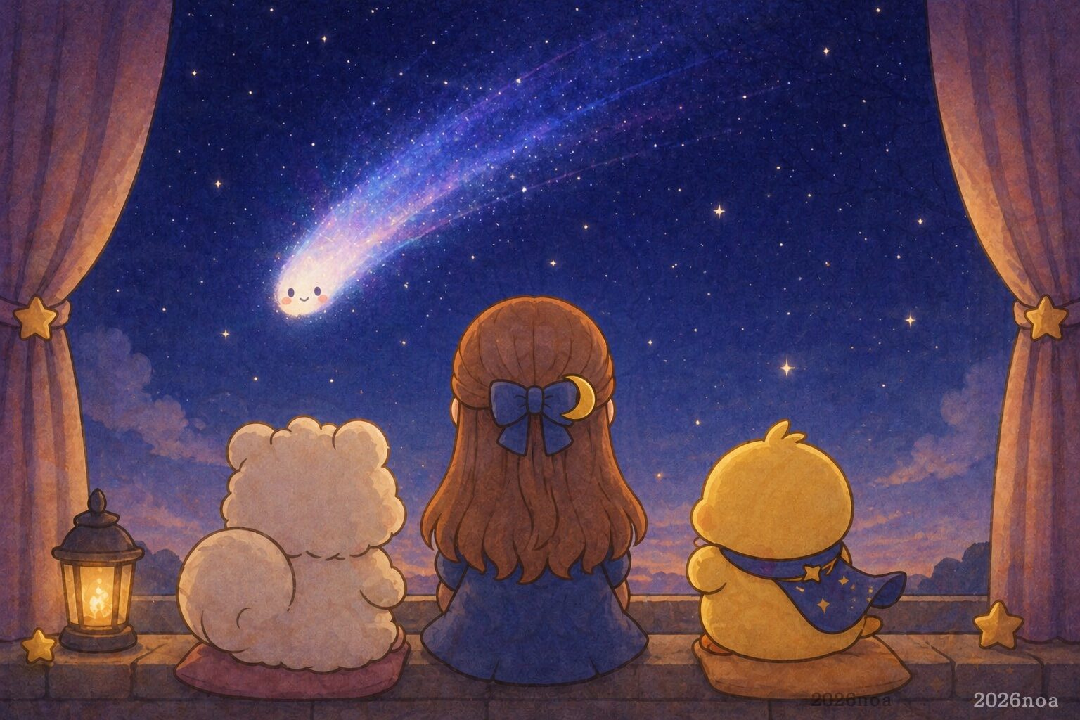 夜空に彗星が輝く窓辺で、お嬢さま・ルミリィ・かたるんが並んで空を見上げているイラスト
