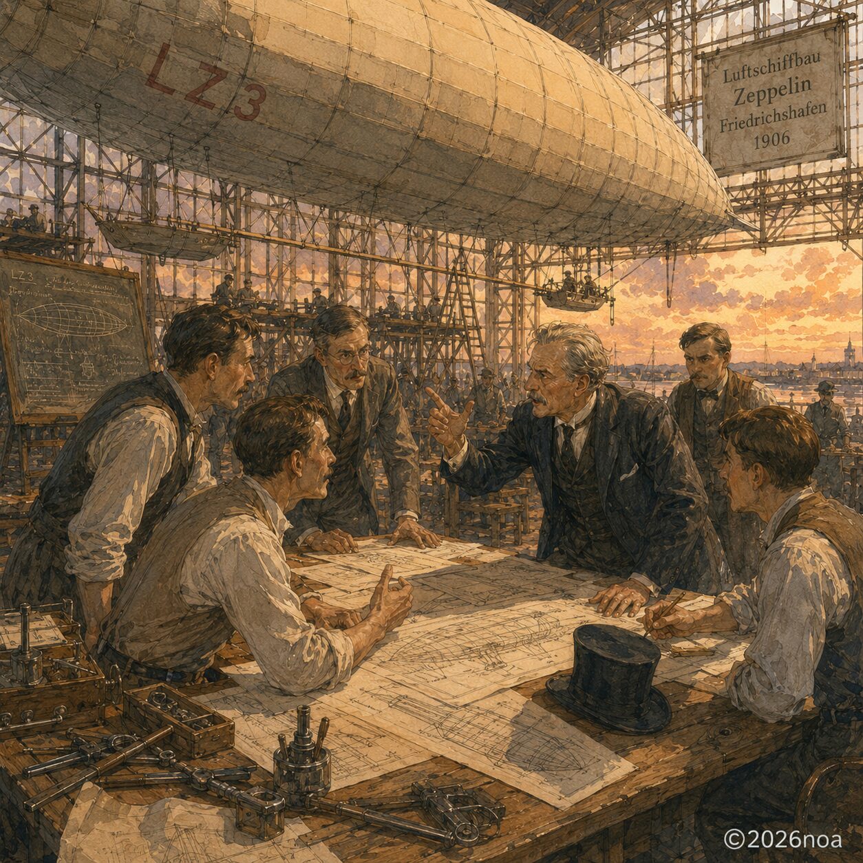 1906年フリードリヒスハーフェンのツェッペリン工場格納庫。設計図を囲んで熱く議論する技師たちと、背後に建造中のLZ3飛行船。