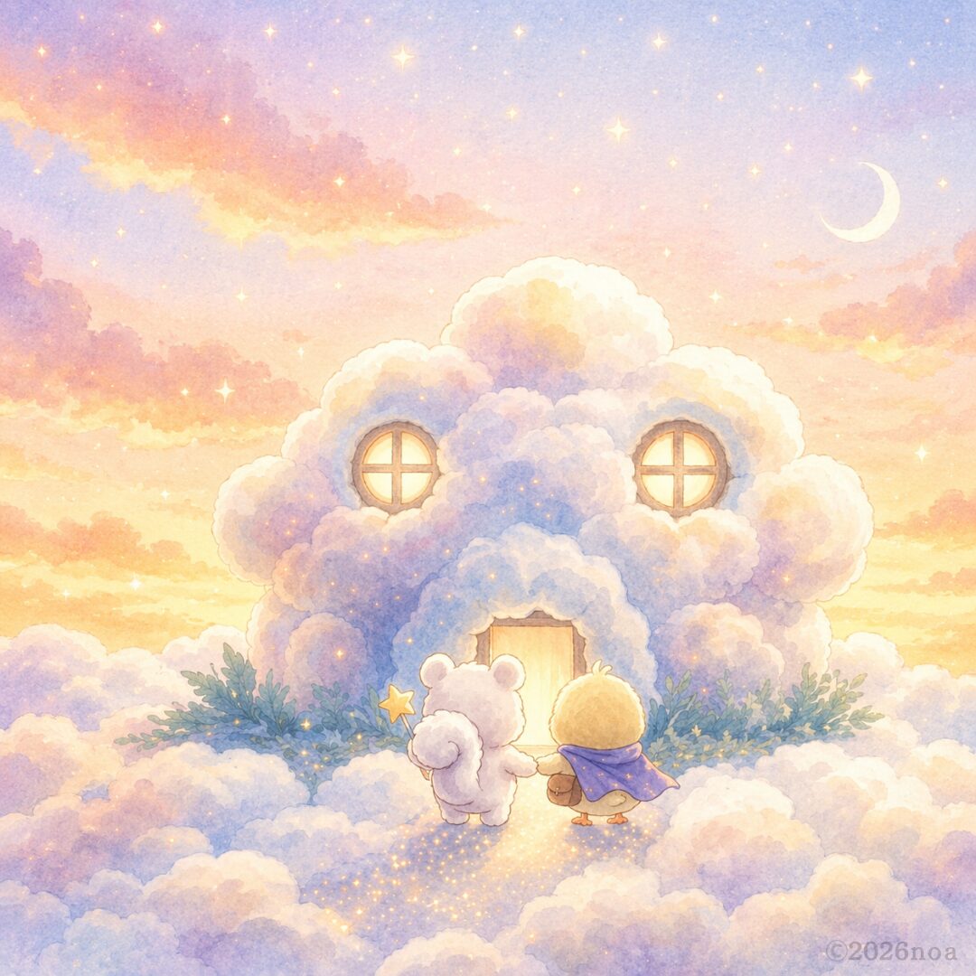 夕焼けと三日月が広がる空の中、雲でできた丸い窓のあるお家の前に、ルミリィとかたるんが手をつないで立っている。