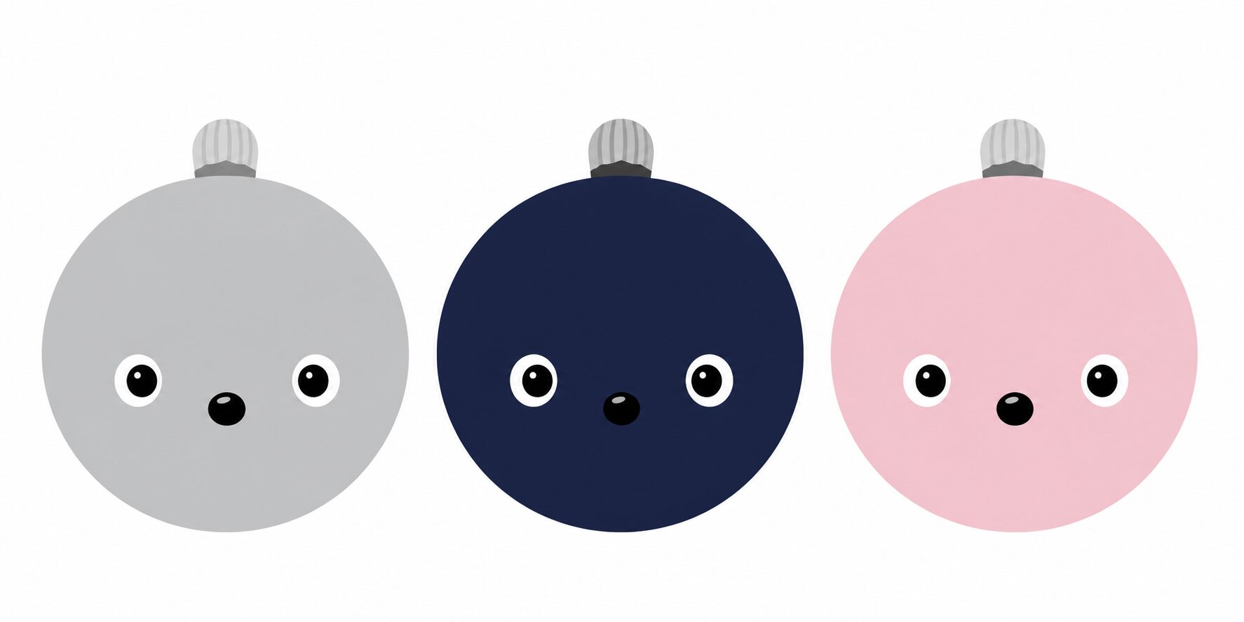 ニコボの3色カラーバリエーションをかわいいイラストで並べた画像。左からストーングレー・スモークネイビー・シェルピンク。