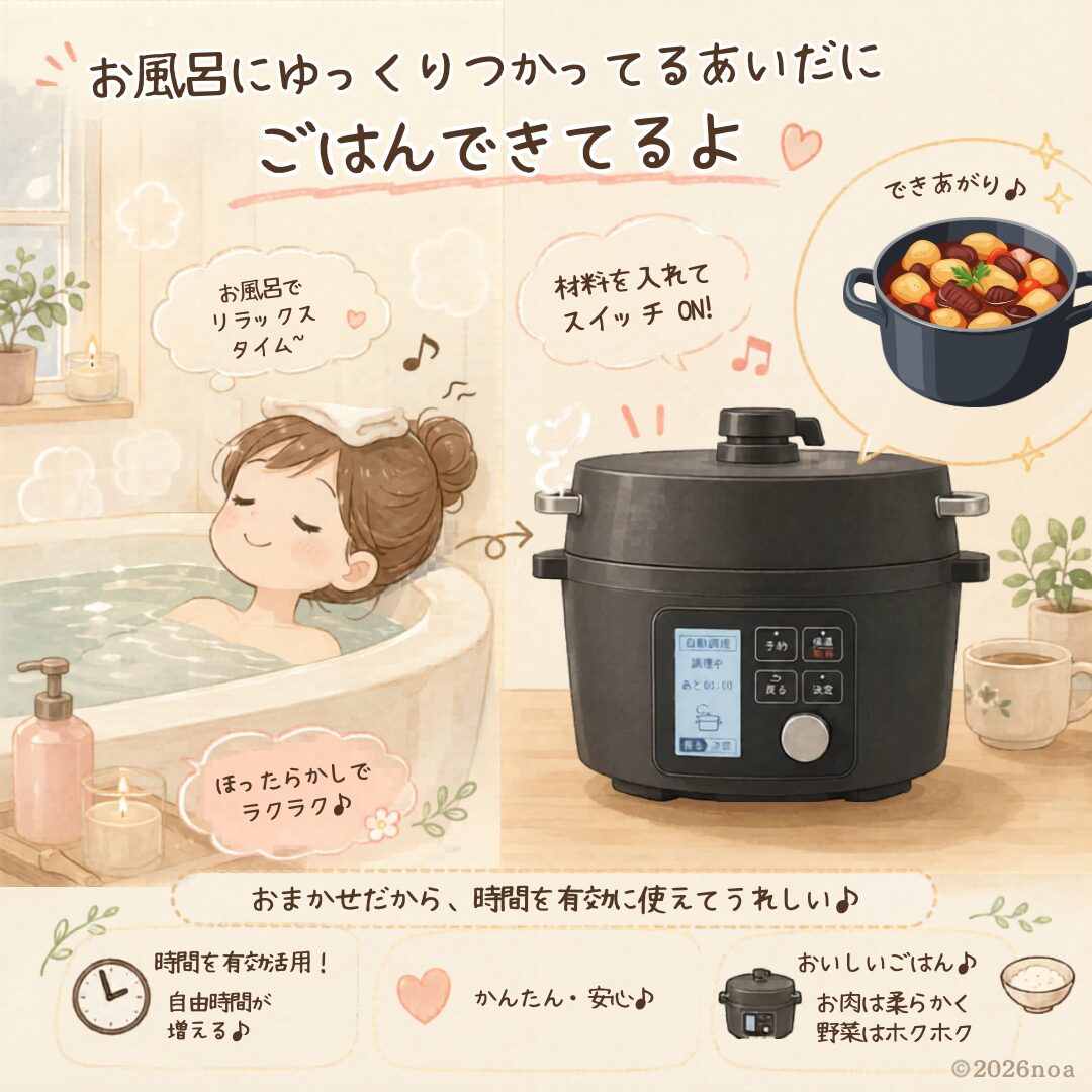 電気圧力鍋のほったらかし調理を表したイラスト。お風呂でリラックスしている間に調理が完了するイメージ