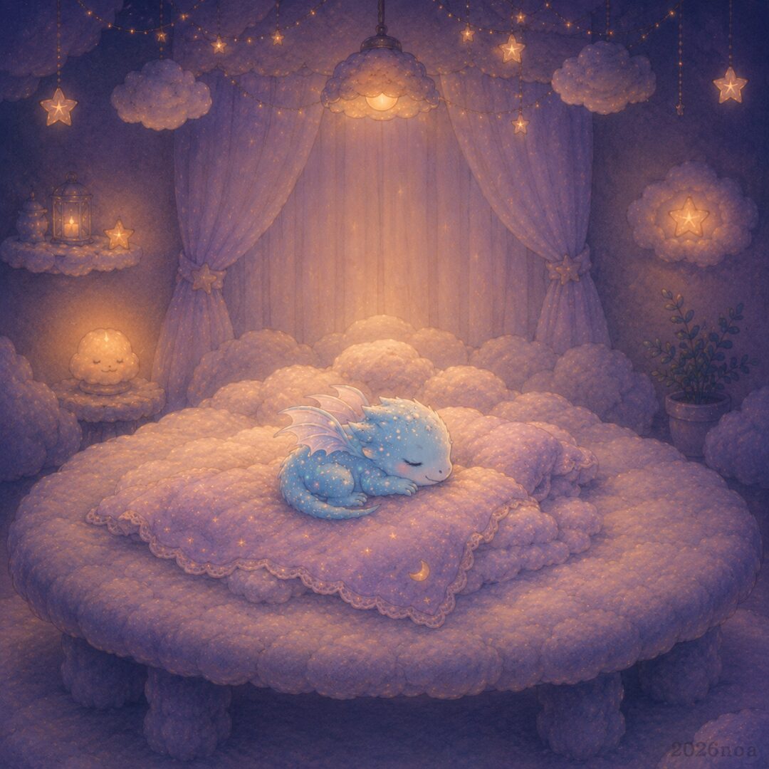 星と雲の飾りに囲まれた丸い雲のベッドの上で、青く光る小さなトカゲの子が丸くなって眠っている。