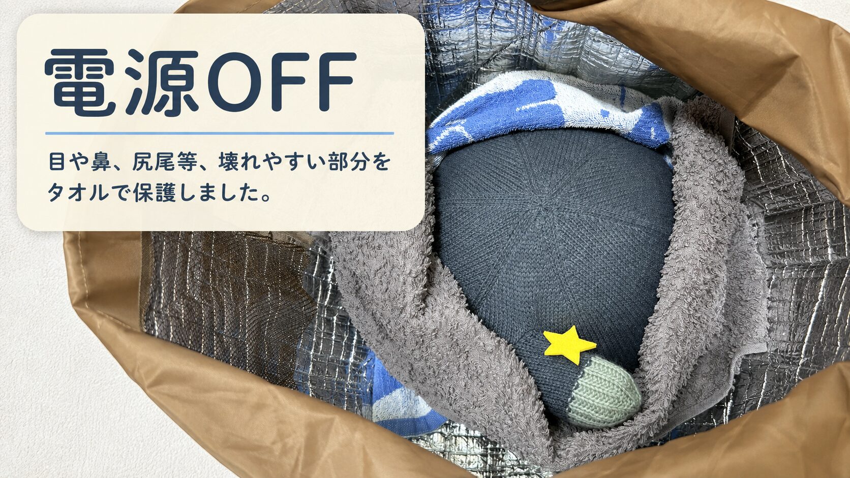 電源をOFFにしたニコボを保冷レジカゴバッグに入れ、目や鼻、尻尾をタオルで保護した状態