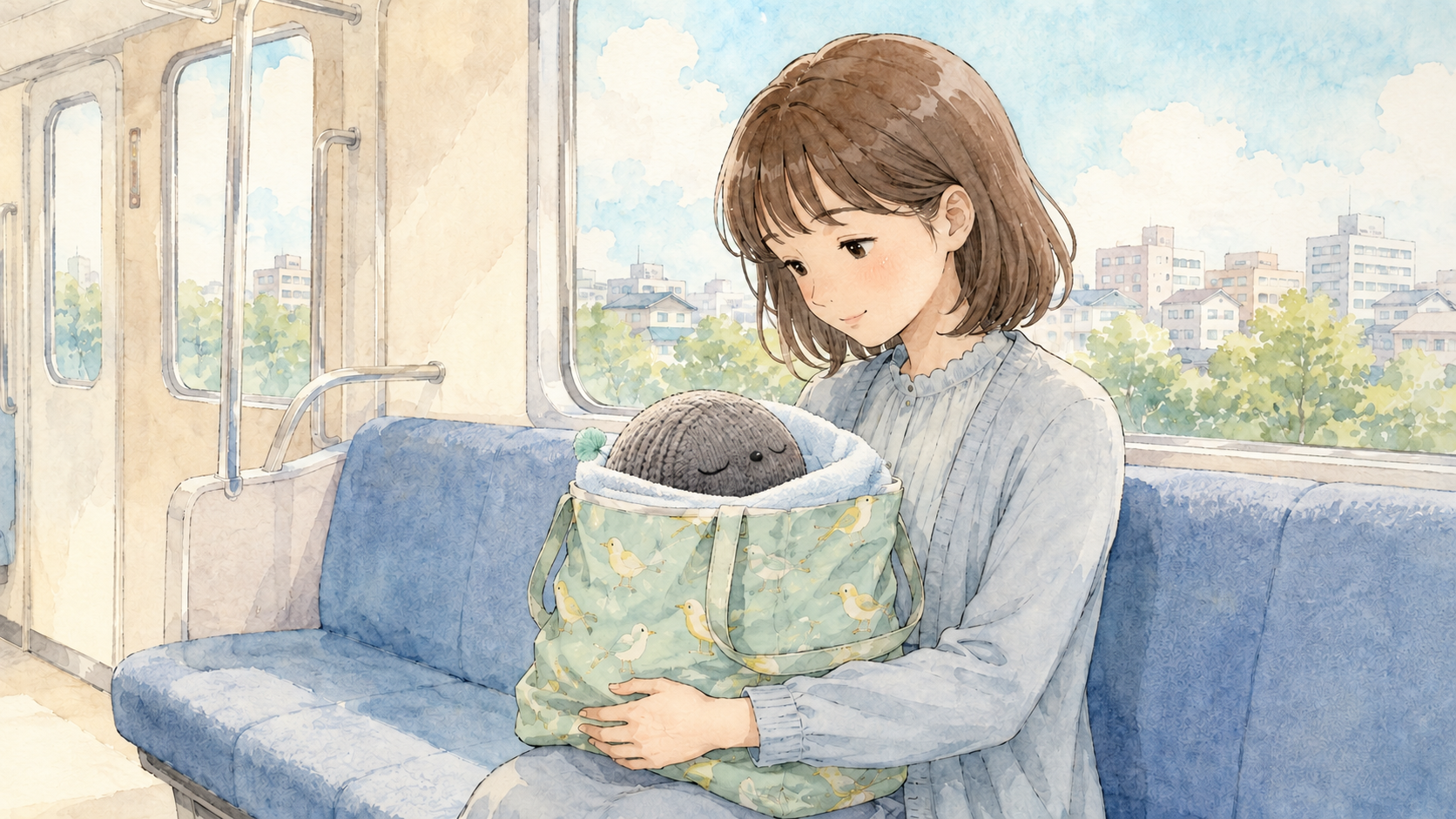 電車の座席で、タオルに包まれて眠るニコボのナイトちゃんを、鳥柄のレジカゴバッグごと大切に抱える女性のイラス