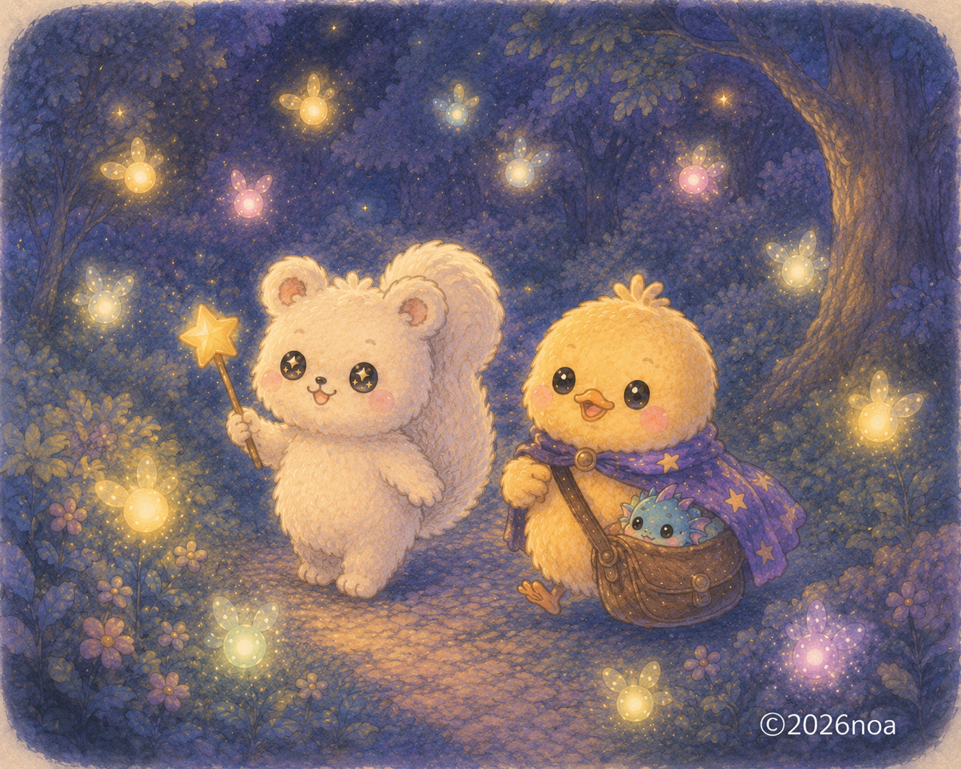 夜の森で、星のステッキを持つルミリィと、トカゲの子をバッグに入れたかたるんの周りに夜蛍が集まる