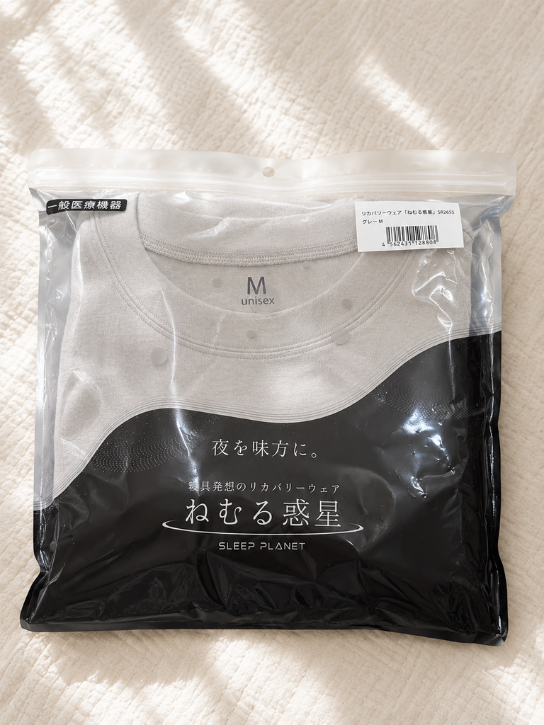 睡眠技研のリカバリーウェア「ねむる惑星」グレーMサイズのパッケージ。一般医療機器の表示あり。