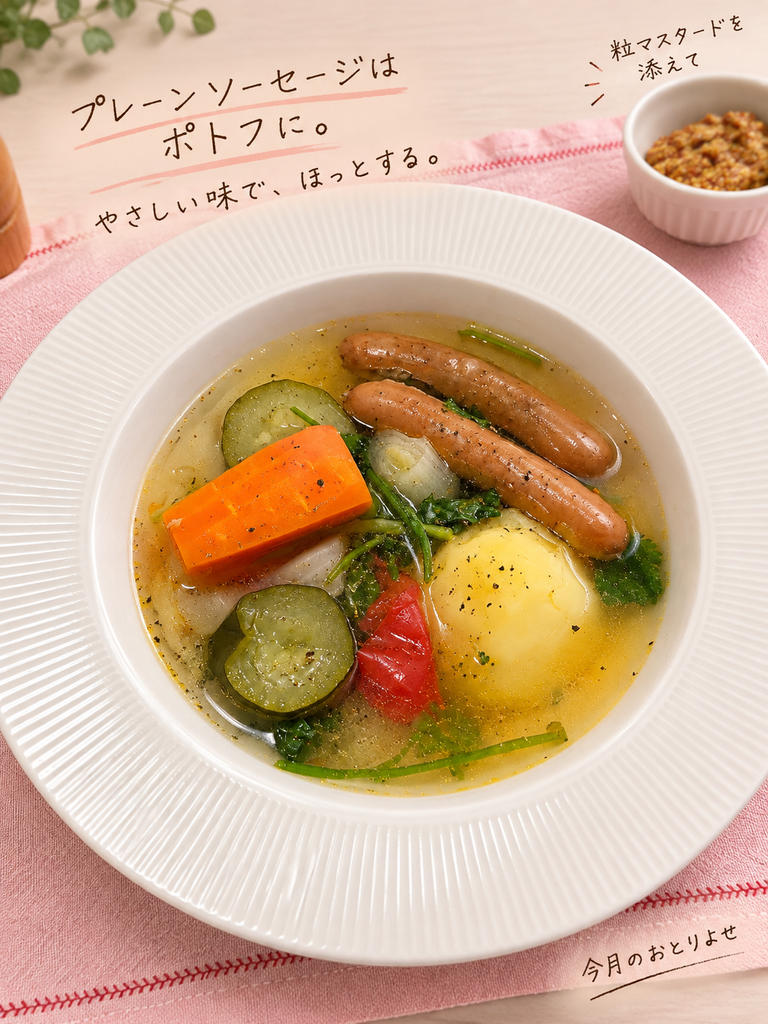 プレーンソーセージとじゃがいも、にんじん、野菜を煮込んだポトフ。粒マスタードを添えた一皿